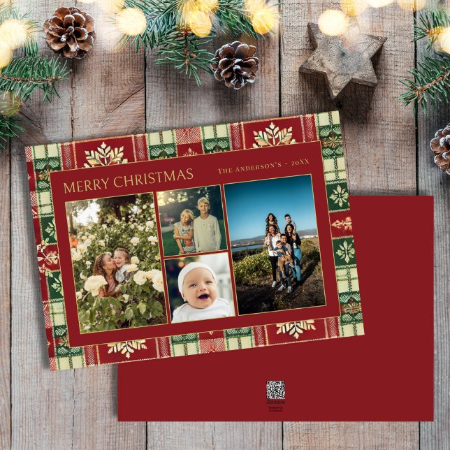 Red Christmas Floral Plaid Family 4 Photo Collage Holiday Card (Creator Uploaded)