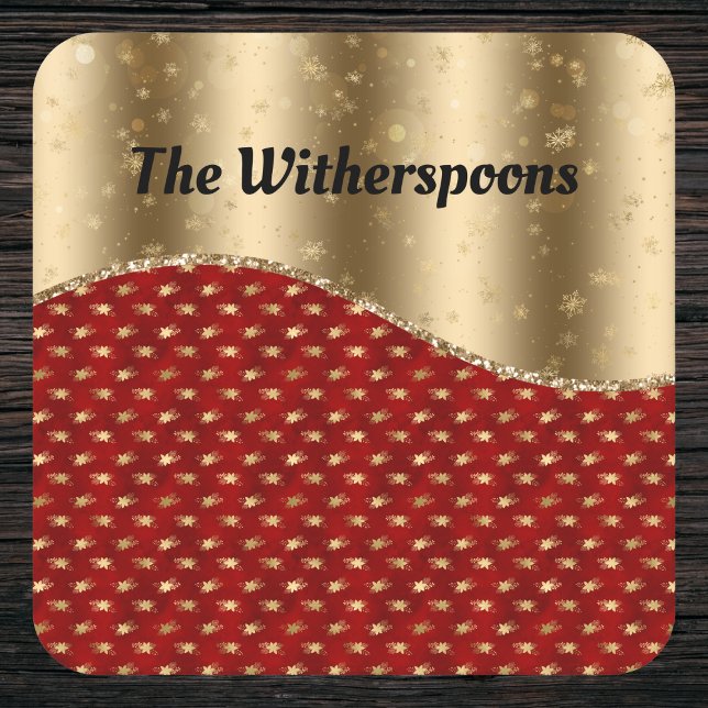 Red Christmas Floral with Gold Ribbon and Name Square Paper Coaster (Creator Uploaded)