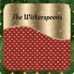 Red Christmas Floral with Gold Ribbon and Name Square Sticker<br><div class="desc">This personalised design includes your or your recipient's name in black against a gold-coloured ribbon at the top. Make sure to type the Name in the Personalise section. This sticker coordinates with similar wrapping paper. This lovely design - with star-shaped poinsettias on red topped by gold-coloured curvy ribbon - is...</div>