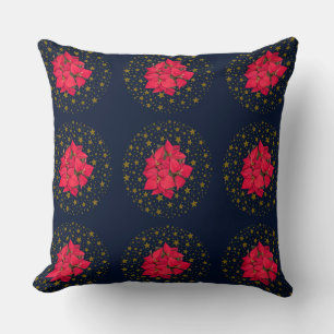 Red Christmas flower and sparkly gold stars Cushion