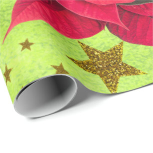 Red Christmas flower, gold stars on abstract green Wrapping Paper