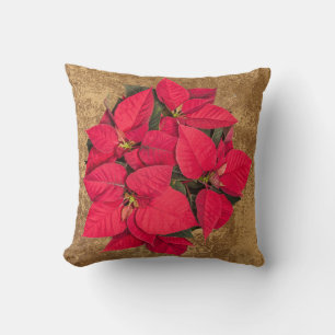 Red Christmas flower on abstract paper Cushion