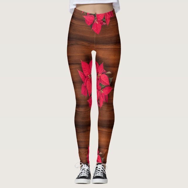 Red Christmas flower on brown Leggings (Front)