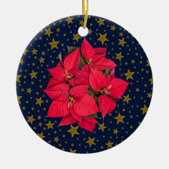 Red Christmas flower, sparkly gold stars on blue Ceramic Tree Decoration (Front)