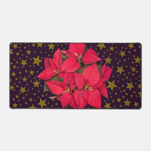 Red Christmas flower, sparkly gold stars on Desk Mat