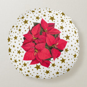 Red Christmas flower, sparkly gold stars Round Cushion
