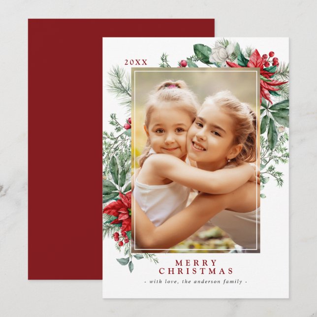 Red Christmas Flowers Poinsettia | Vertical Photo Holiday Card (Front/Back)
