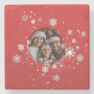 Red Christmas Frame with Snow Flakes Stone Coaster