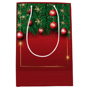 Red Christmas Gift Bag with Pine Branches