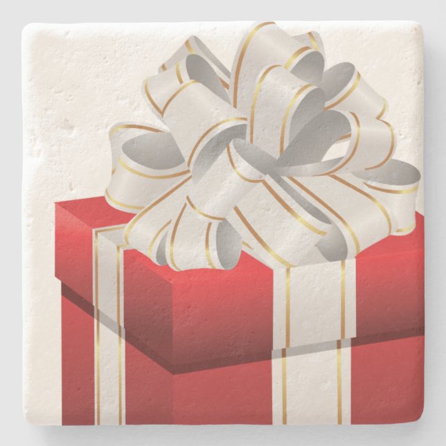 Red Christmas Gift White Ribbon Stone Coaster (Front)