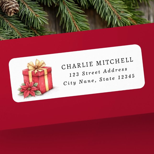 Red Christmas gift with poinsettia return address (Red Christmas gift with poinsettia return address Label)