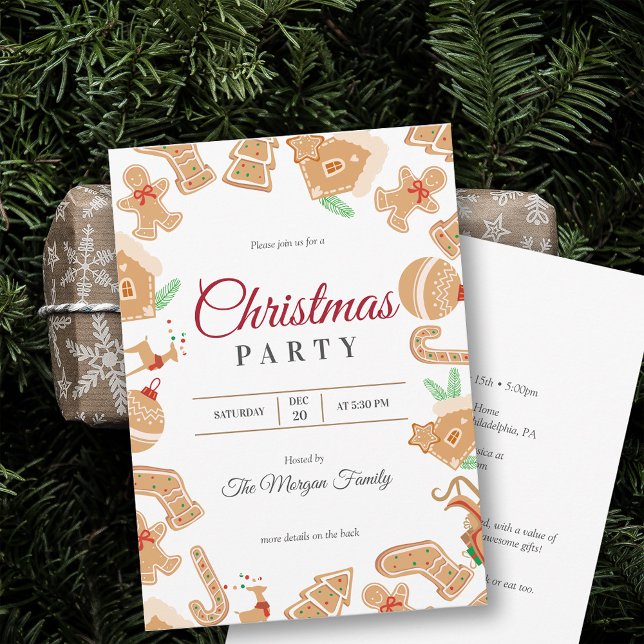 Red Christmas Gingerbread Holiday Party Invitation (Red and White Christmas Gingerbread Holiday Party Invitation)