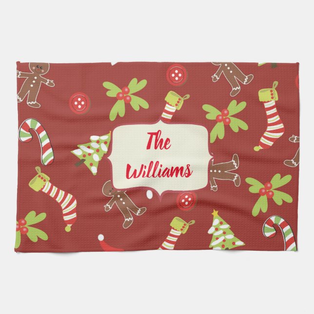 Red Christmas Gingerbread Holiday Tea Towel (Horizontal)