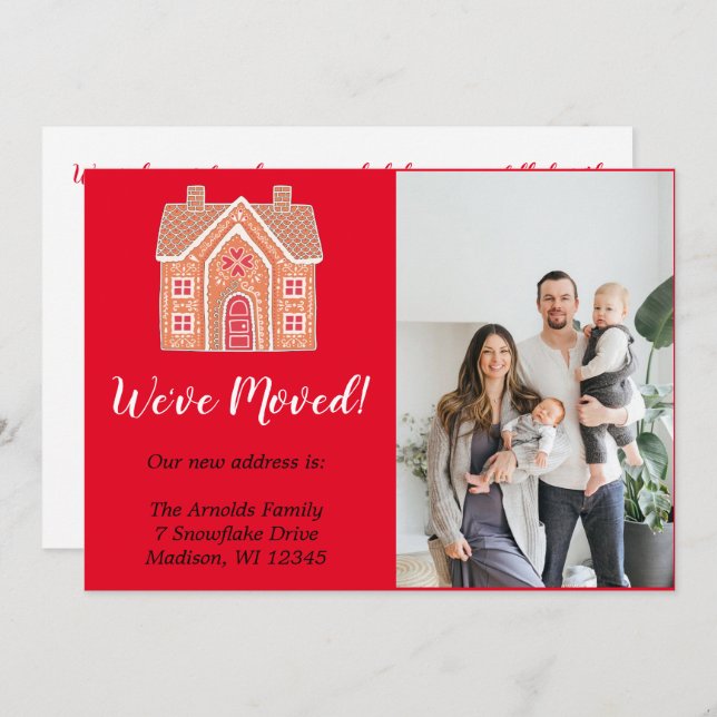 Red Christmas Gingerbread Home Photo Moving Holiday Card (Front/Back)