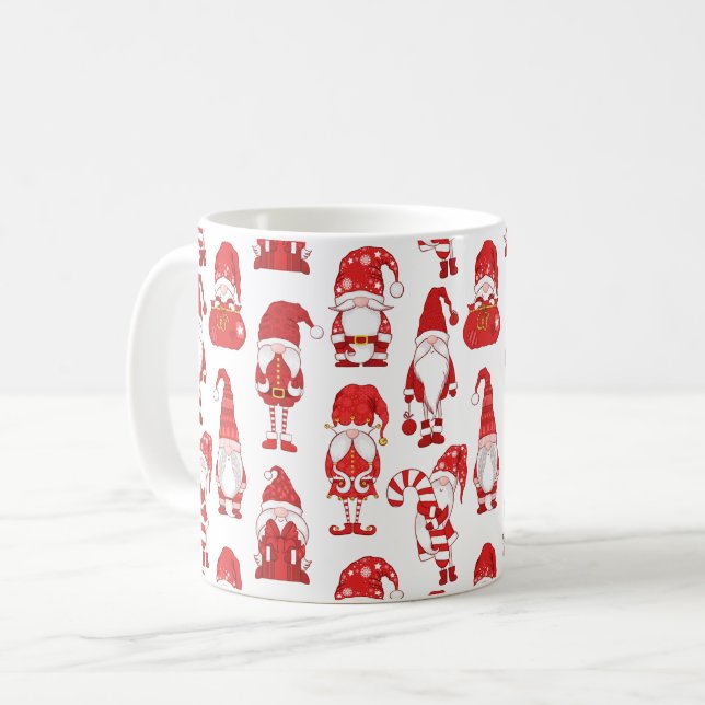 Red Christmas Gnome Character Pattern Coffee Mug (Front Left)