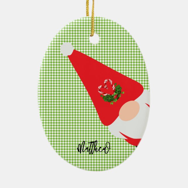 red christmas gnome pattern name green checker fun ceramic tree decoration (Back)
