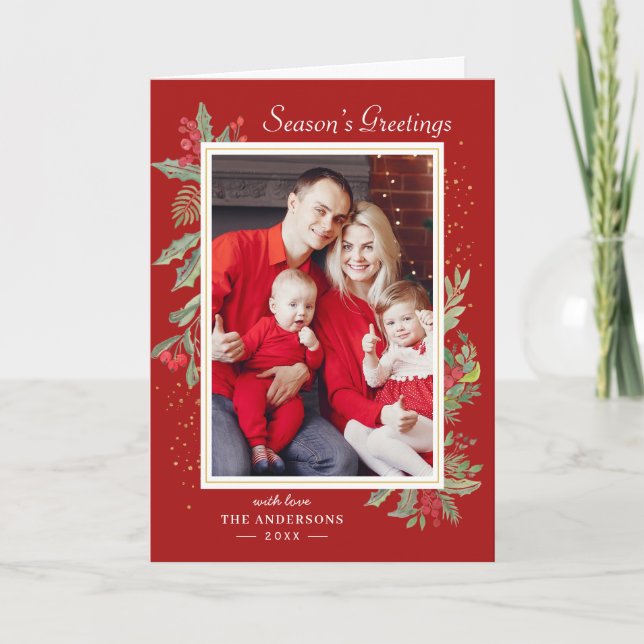 Red Christmas Gold Confetti Holly Berries Photo Holiday Card (Front)