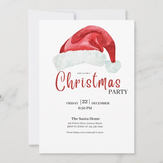 Red Christmas Hat Elegant Christmas Party   Invitation (Front)