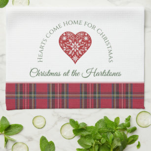 Red Christmas Heart Personalised Name Christmas Tea Towel
