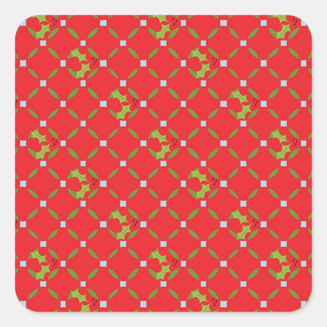 Red Christmas Holly Pattern Square Stickers (Front)