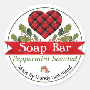 Red Christmas Holly Plaid Heart Soap Bar Labels
