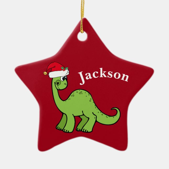 Red Christmas Kids Dinosaur Santa Star Custom Ceramic Tree Decoration (Front)