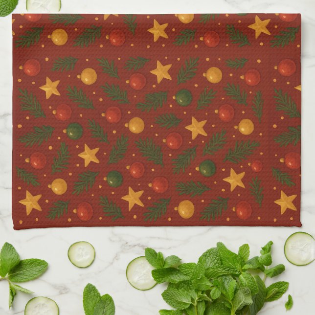 Red Christmas Kitchen Towel – Classic Holiday Tea  (Folded)