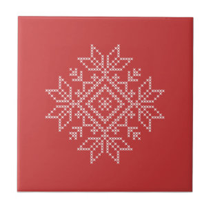 Red christmas knitted snowflake nordic art  tile