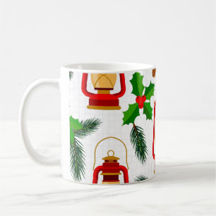 Red Christmas Lantern Holly Vintage Pattern Coffee Mug