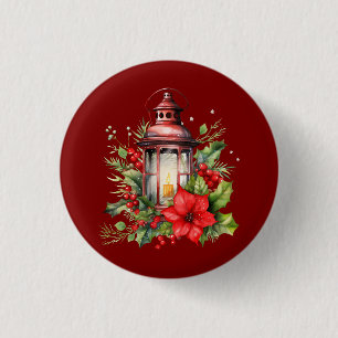 Red Christmas Lantern Poinsettia and Pine 3 Cm Round Badge