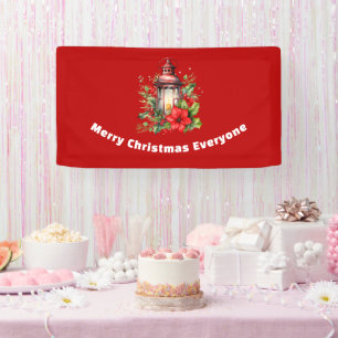Red Christmas Lantern Poinsettia and Pine Banner