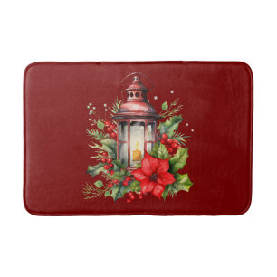 Red Christmas Lantern Poinsettia and Pine Bath Mat