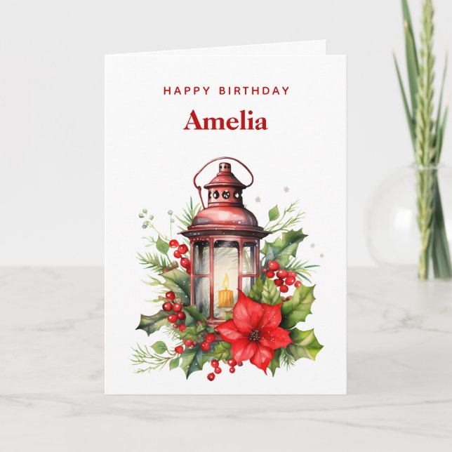 Red Christmas Lantern Poinsettia and Pine Birthday Card (Front)