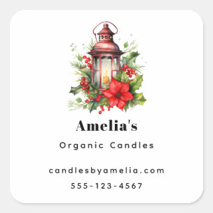Red Christmas Lantern Poinsettia and Pine Business Square Sticker
