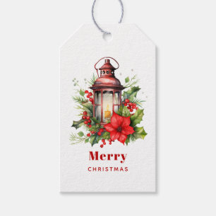Red Christmas Lantern Poinsettia and Pine Gift Tags