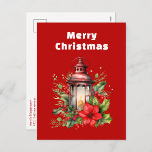 Red Christmas Lantern Poinsettia and Pine Holiday Postcard