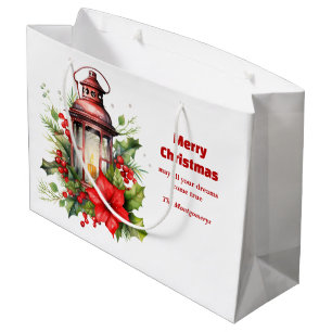 Red Christmas Lantern Poinsettia and Pine Large Gift Bag