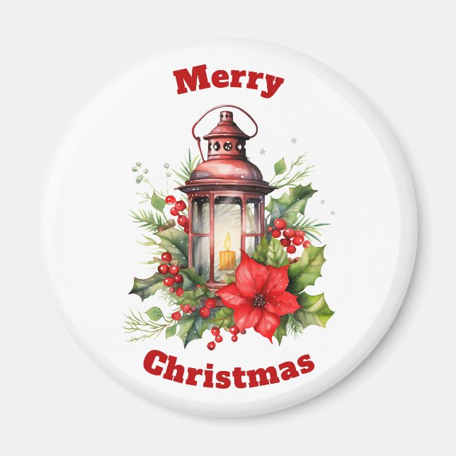 Red Christmas Lantern Poinsettia and Pine Magnet (Front)