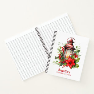 Red Christmas Lantern Poinsettia and Pine Notebook