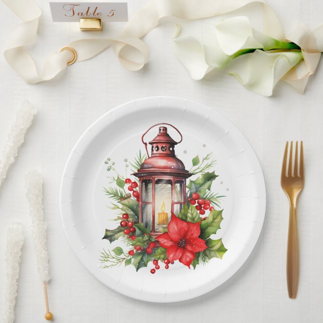 Red Christmas Lantern Poinsettia and Pine Paper Plate (Wedding)