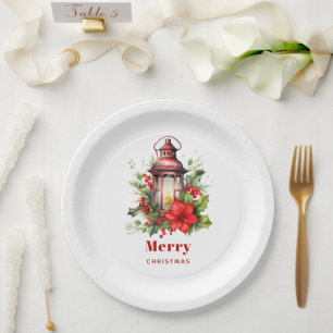 Red Christmas Lantern Poinsettia and Pine Paper Plate