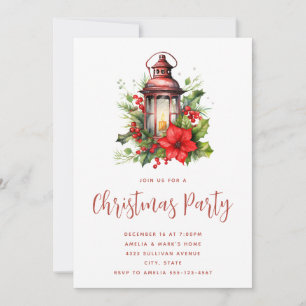 Red Christmas Lantern Poinsettia and Pine Party Invitation