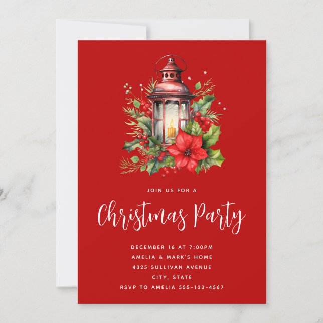 Red Christmas Lantern Poinsettia and Pine Party Invitation (Front)