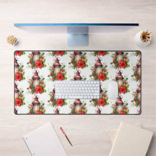 Red Christmas Lantern Poinsettia and Pine Pattern Desk Mat