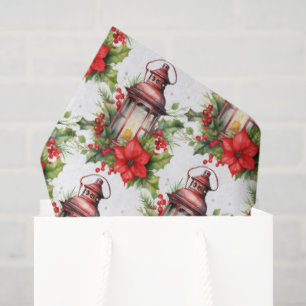 Red Christmas Lantern Poinsettia and Pine Pattern Tissue Paper