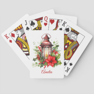 Red Christmas Lantern Poinsettia and Pine Playing Cards
