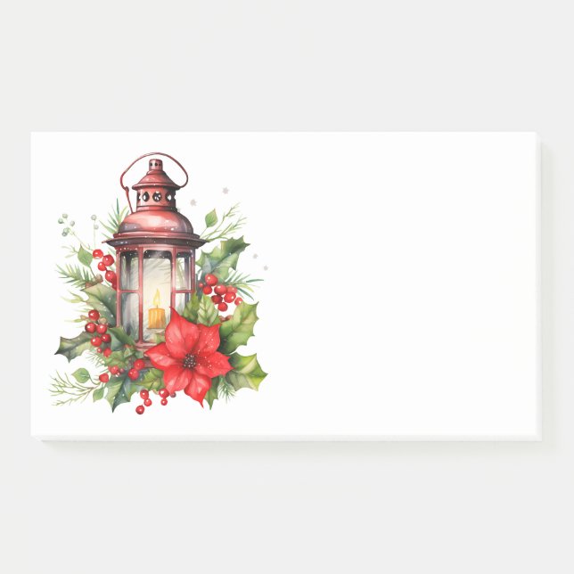 Red Christmas Lantern Poinsettia and Pine Post-it Notes (Front)