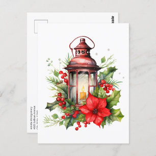 Red Christmas Lantern Poinsettia and Pine Postcard