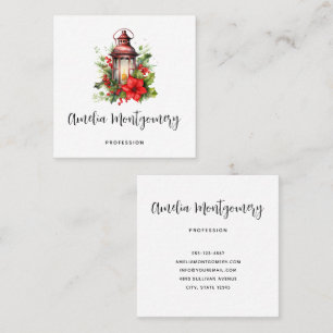 Red Christmas Lantern Poinsettia and Pine Square Business Card