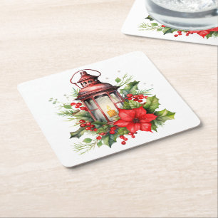 Red Christmas Lantern Poinsettia and Pine Square Paper Coaster